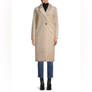 MAGASCHONI Camel Tan Brown Faux Vegan Fur Collar Long Trench Coat Jacket XL NWOT